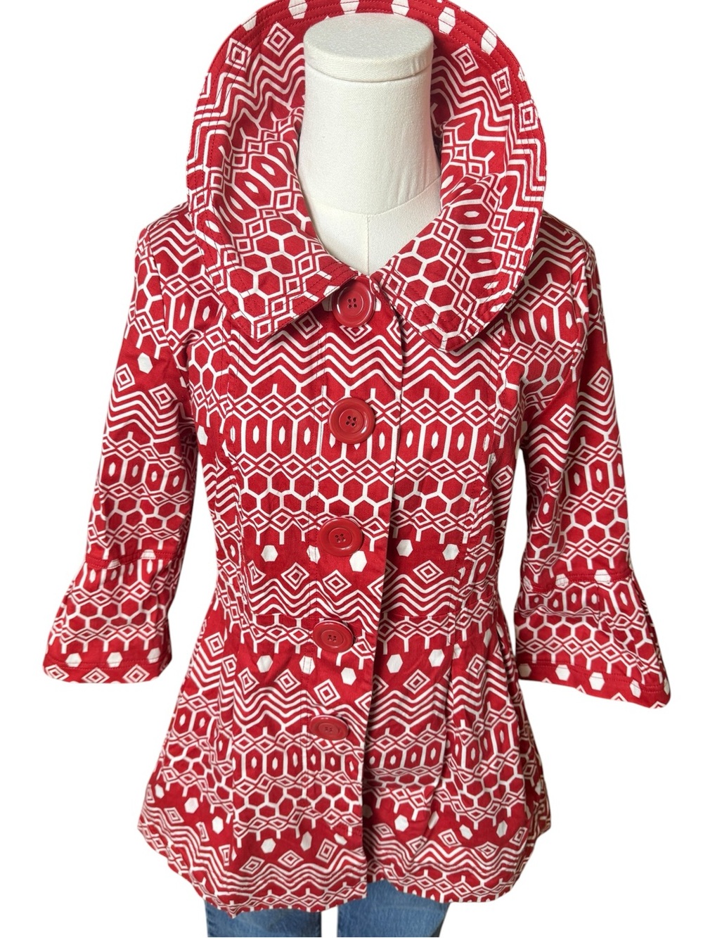 Red Geometric Print Button Front Coat
